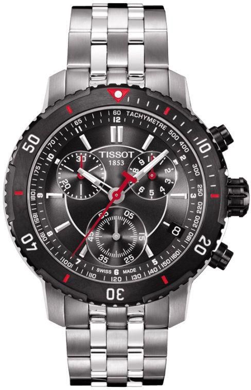 ساعة تيسوت صناعة سويسرية للرجال PRS 200 مينا اسود بسوار ستانلس ستيل كرونوغراف - T0674172105100