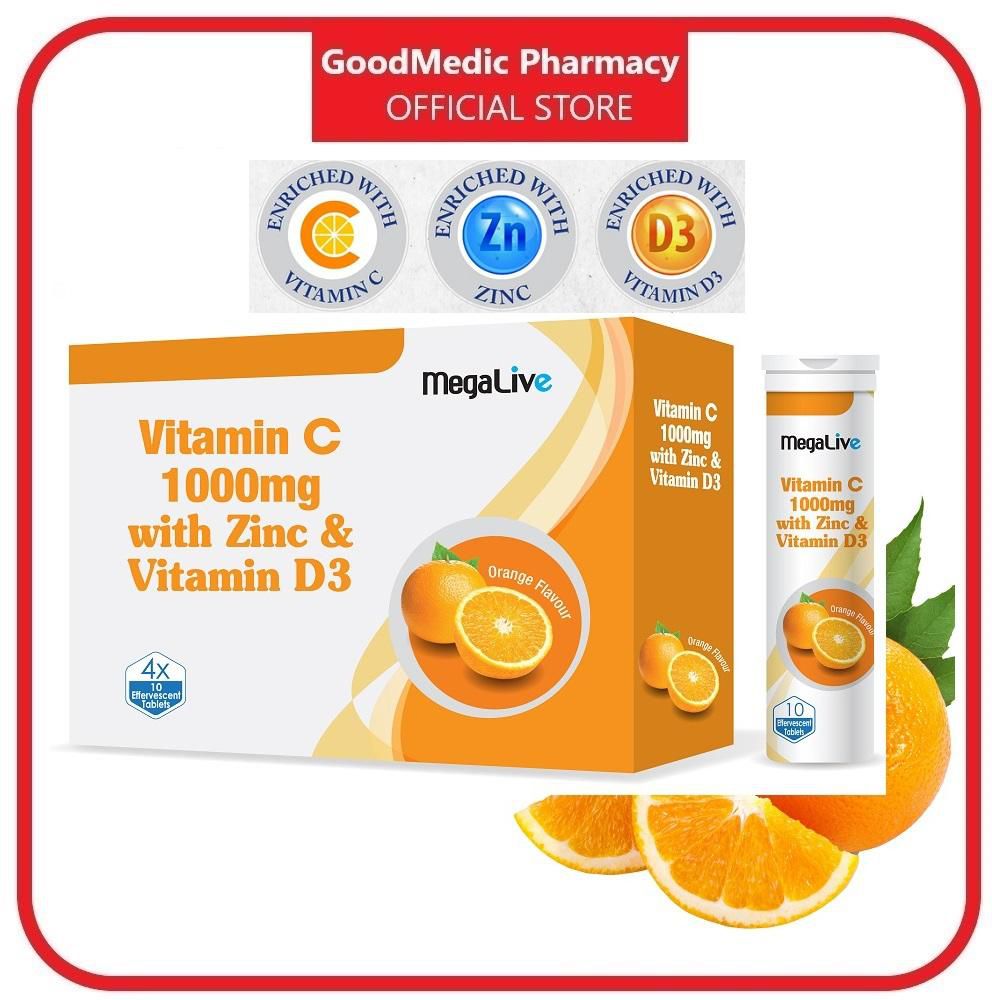 MegaLive Vitamin C 1000mg Effervescent 4X10s / 10s Triple action