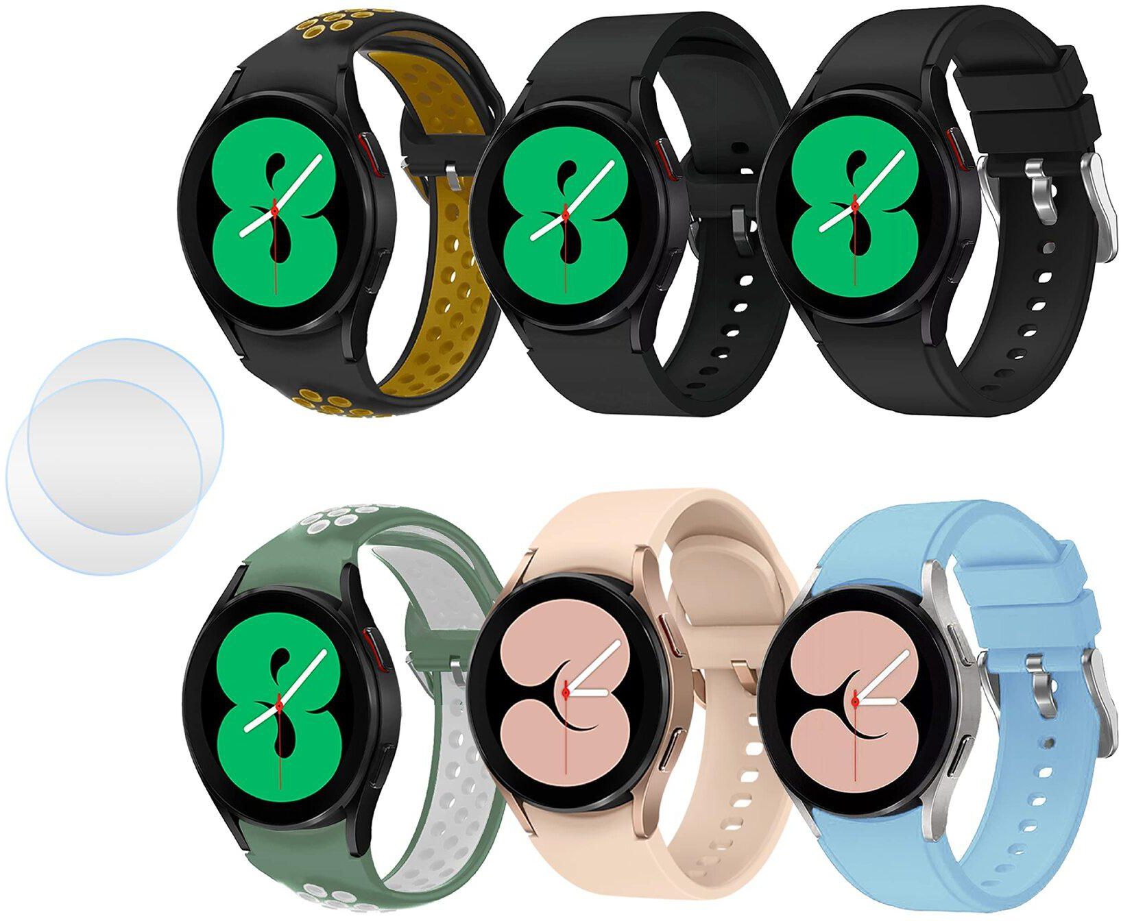 Moxedo Optimum Bundle Pack of 8, Multi-Color Silicone Replacement Strap Band with 44mm Screen Protector Compatible For Samsung Galaxy Watch 4 (C2)