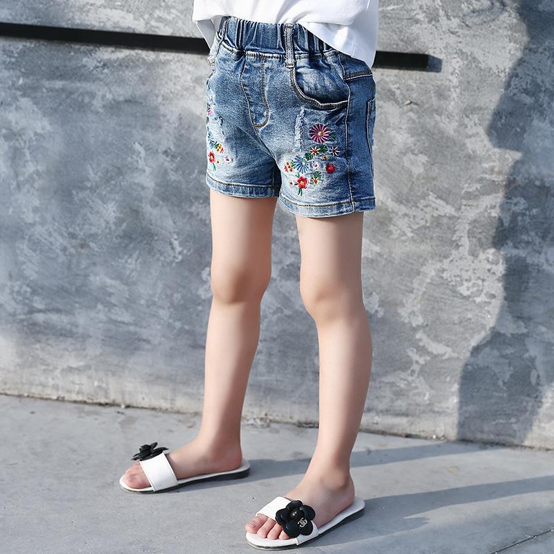 Girls Short Pants Denim Embroidery Floral - 6 Sizes (As Picture)