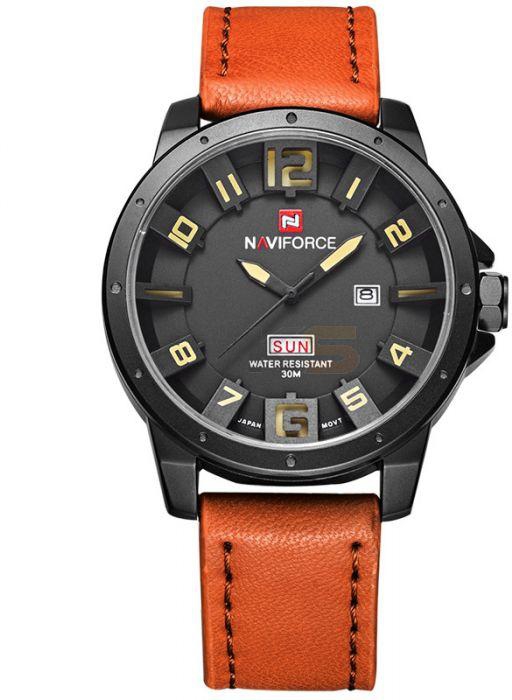 NAVIFORCE 9061 Male Quartz Watch Luxury Genuine Leather Strap Analog Display Date Week Display 30m Waterproof-Brown & Black