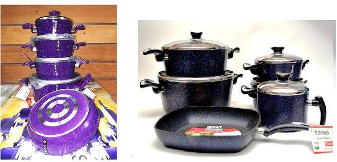 Lines Ceramic Cookware Set - 9 Pcs - Purple + Granite Cookware Set - 11 Pcs - Blue