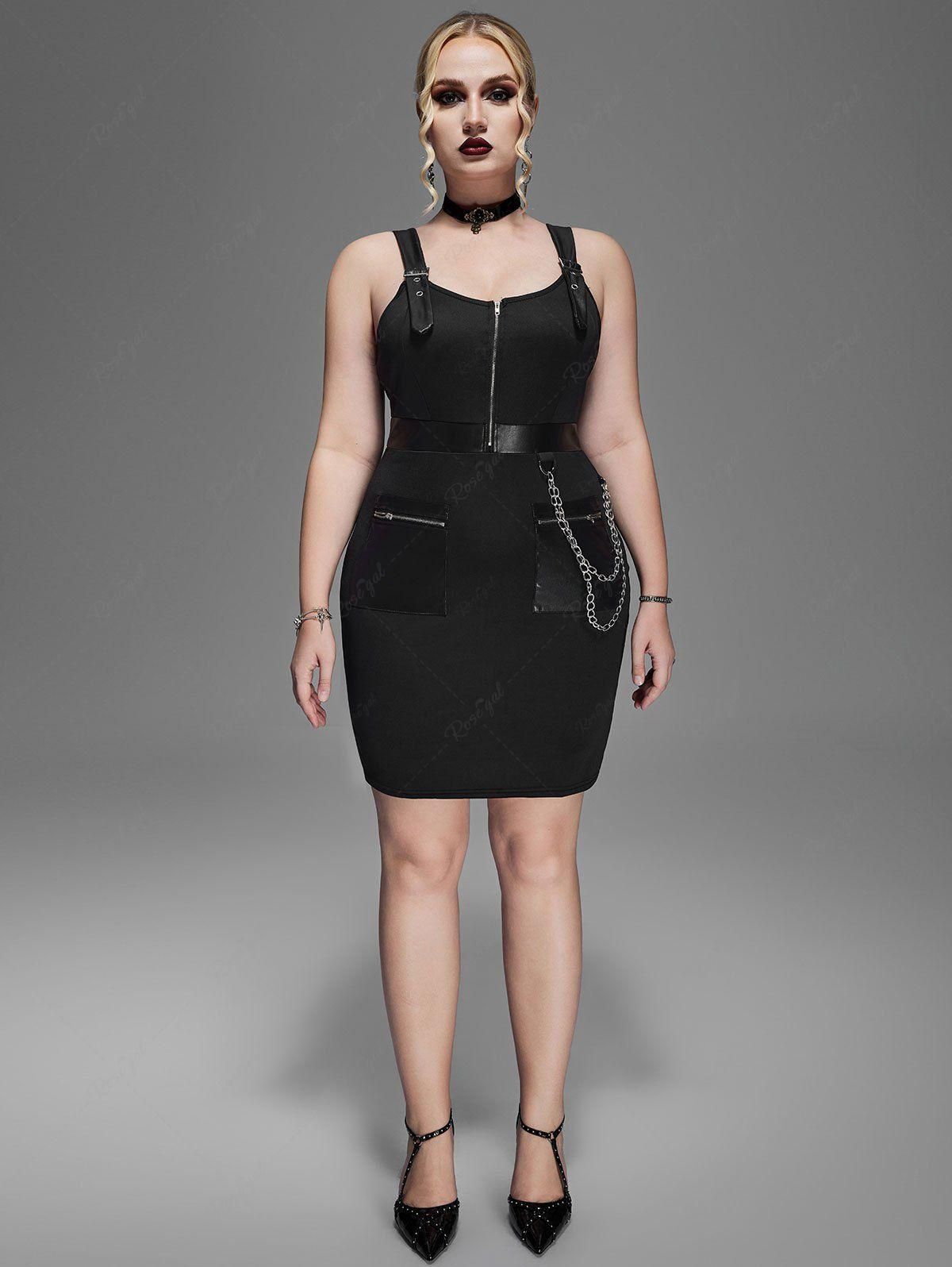 Plus Size Punk Chains Buckles PU Panel Bodycon Dress with Pockets - 1x | Us 14-16