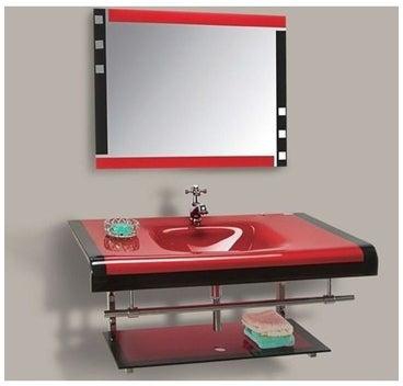 Decorative Glass Bathroom Wash Basin Without Mixer And Mirror Red/Black/Silver 80x80x10cm