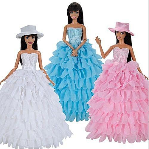 Generic 3Pcs Beautiful Bride Wedding Dress With Hats Set Party Swing Skirt For Barbie Dolls,Blue&Pink&White