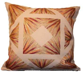 Off-white fabric, orange, gold and aubergine Invasion cushion
