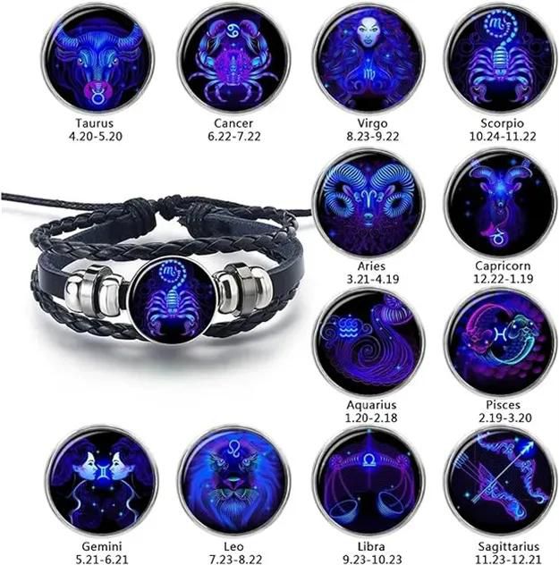 Zodiac Signs Spirit Bracelet Adjustable 12 Constellation Bracelet Multilayer Zodiac Black Leather Bracelets Zodiac Sign Wrap Bracelet Birthday Jewelry Gifts for Women Men