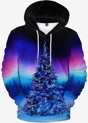 Plus Size Christmas Tree Printed Ombre Flocking Lined Pullover Hoodie with Pocket - Xl