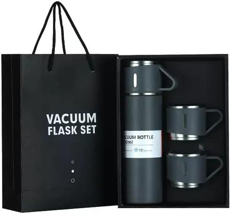Double-Wall Stainless Steel Vacuum Thermos Flask With Silicone Handle And Insulated Lid Set With 2 Stainless Steel Cups For Hot And Cold Beverages, 500 ML