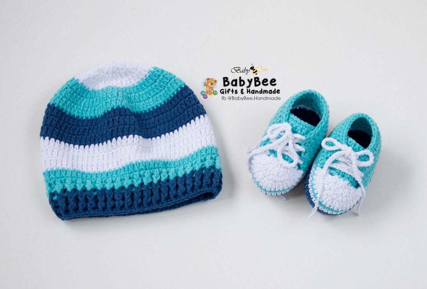 Babybee Handmade Baby Boy Set ( Hat + Sneakers ) - Cotton - Blue