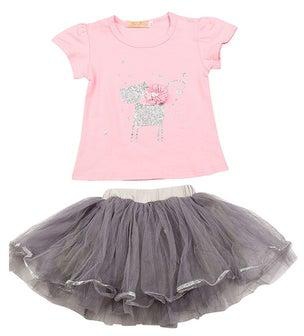 2-Piece T-Shirt And Skirt Set Pink/Grey