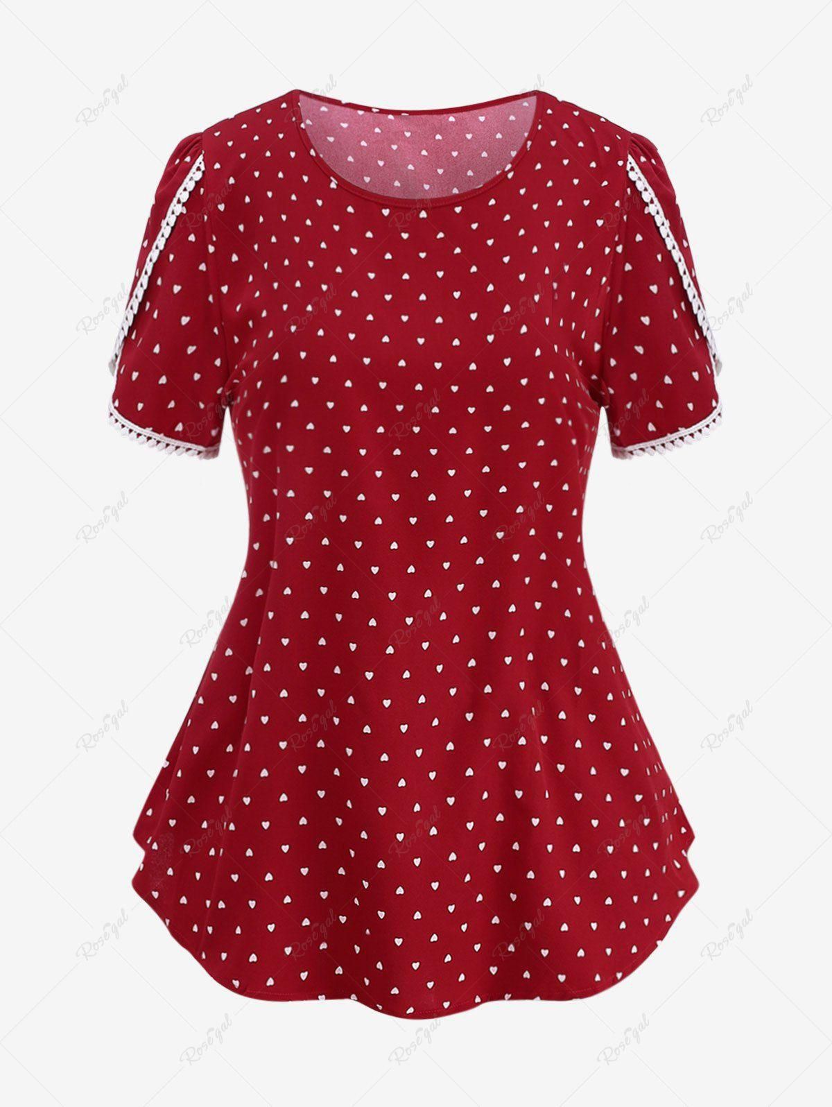Plus Size Lace Trim Heart Printed Cap Sleeves T-shirt - 2xl