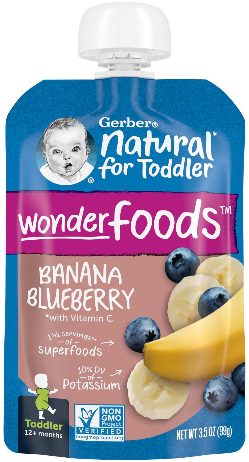 جيربر‏, منتج طبيعي للأطفال حديثي المشي ، Wonder Foods ، للأطفال بعمر 12 شهرًا فأكثر ، بنكهة الموز والتوت الأزرق ، 3.5 أونصة (99 جم)