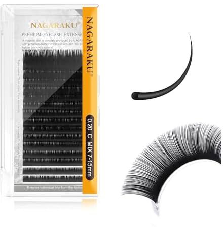 NAGARAKU Eyelash Extension Individual Classic 0.20mm C curl 7-15mm Mix Tray Matte Black Soft Natural 16 rows