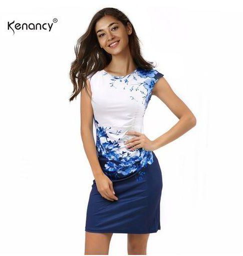 Kenancy Women Sexy O-neck Bodycon Dresses - White+Blue