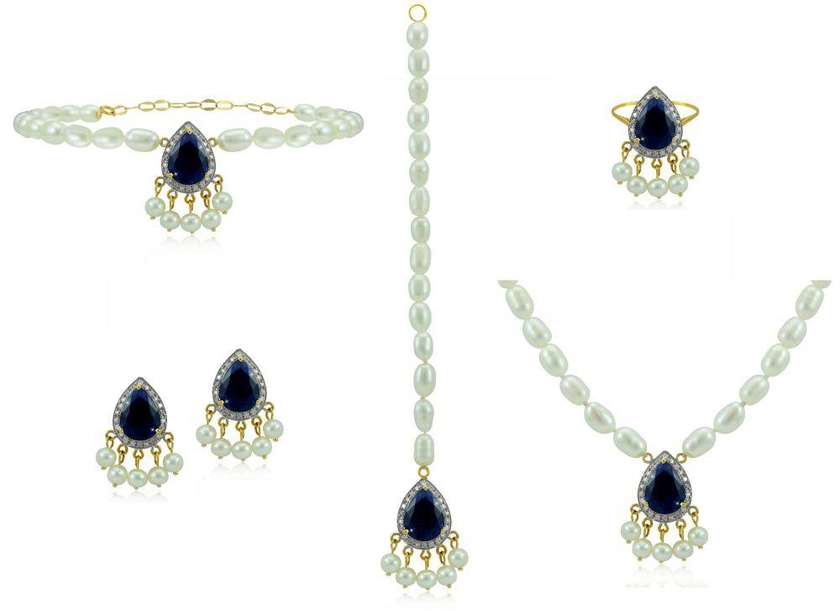 Vera Perla Women's Gold 18K Royal Indian Sapphire Jewelry Set - 5 Pieces
