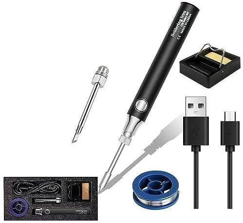 Portable Mini Electric Soldering Iron Set USB Charging Adjustable Temperature With Station Pointed Tip 8W welding pen Home repair tool studentManual welding Tool 5V (black)