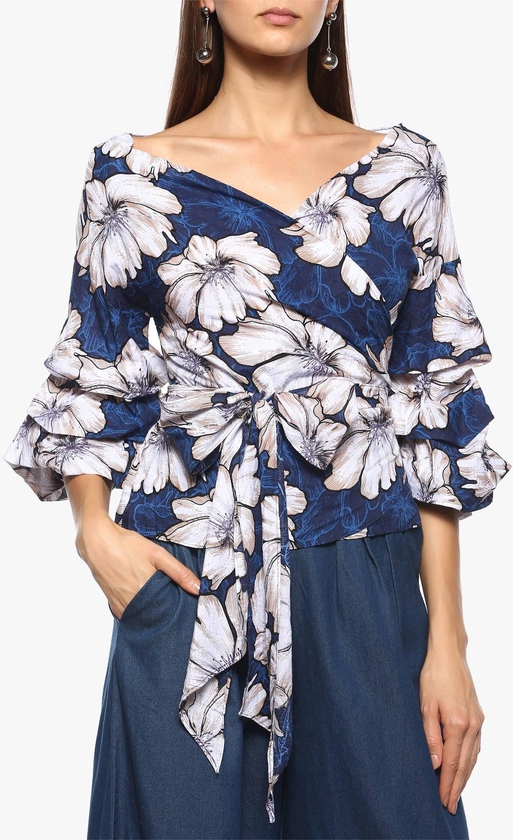Blue Printed Wrap-Front Ruched Top