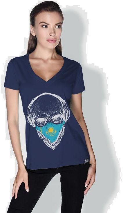 Creo Kazakhstan Skull T-Shirts for Women - S, Blue