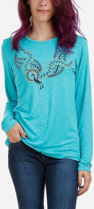 Be Positive Embroided Peacock T-Shirt - Turquoise