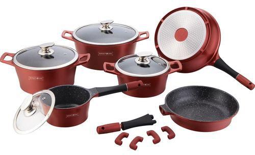Royalty Line Switzerland Marble Coating Cookware Set - 14 Pieces - Burgundy
