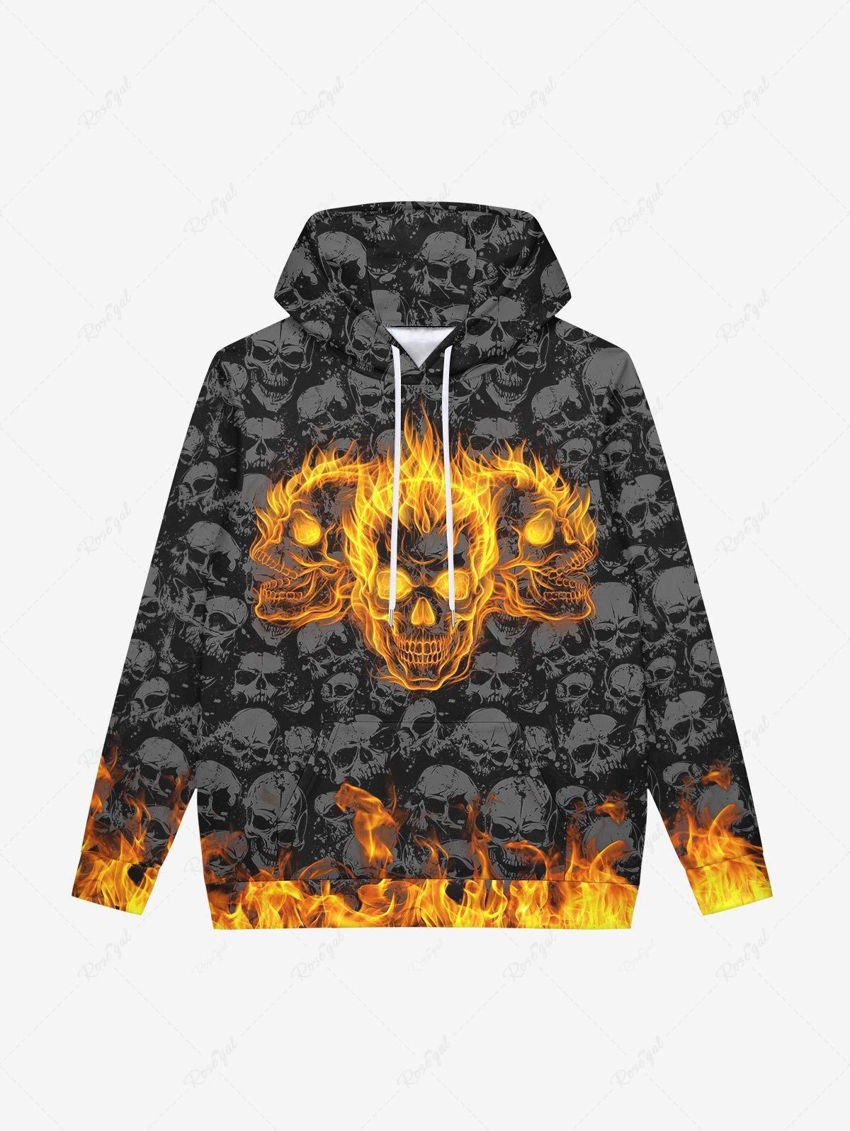 Gothic Flame Skulls Print Fleece Lining Drawstring Hoodie For Men - 5xl