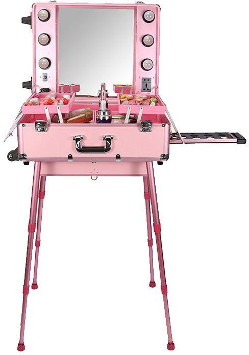 Lighted Mobile Makeup & Beauty Station Cosmetic Studio Case Pink