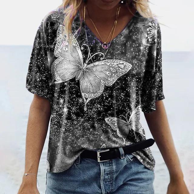 5XL Oversized Women 3D Butterfly Print T Shirt Summer 2021 Casual Half Sleeve V-Neck Loose Pullover Shirt Ladies Tops Large Size