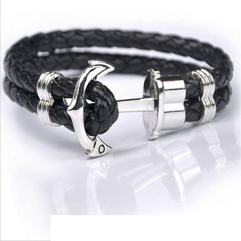 Bracelet for men broad black leather with a anchor form Silver Item No 569 - 1