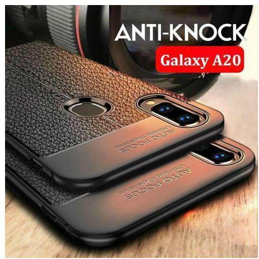 Autofocus Silicone Litchi Pattern PU Leather Shockproof Cover Casing For Samsung Galaxy A20-Black