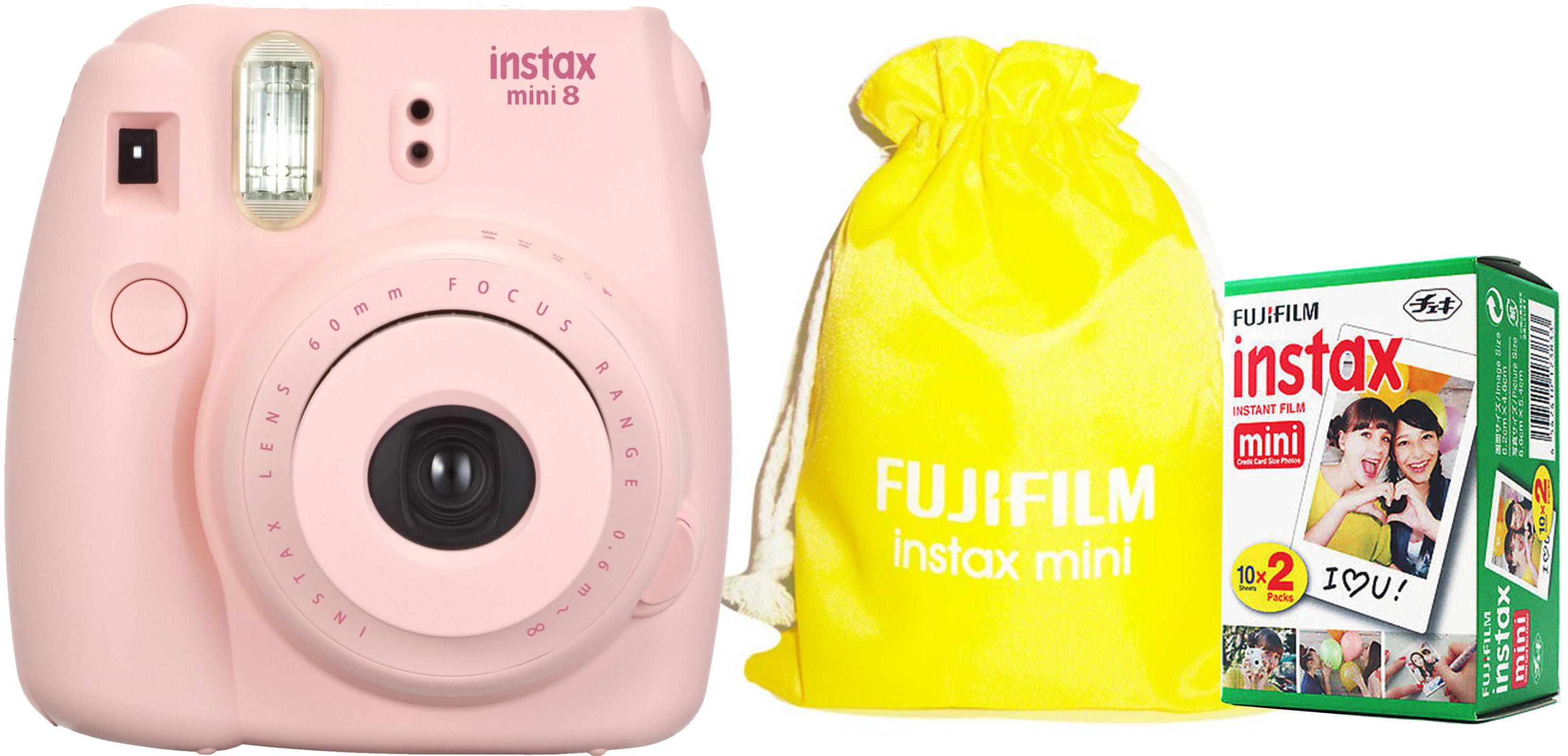 Fujifilm Instax Mini 8 Instant Film Camera Pink with Yellow Pouch and 20 Film Sheet