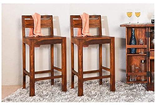Solid Wood Bar Chairs | Long Bar Chair for Kitchen | Set of 2, Sheesham Wood, Natural Finish