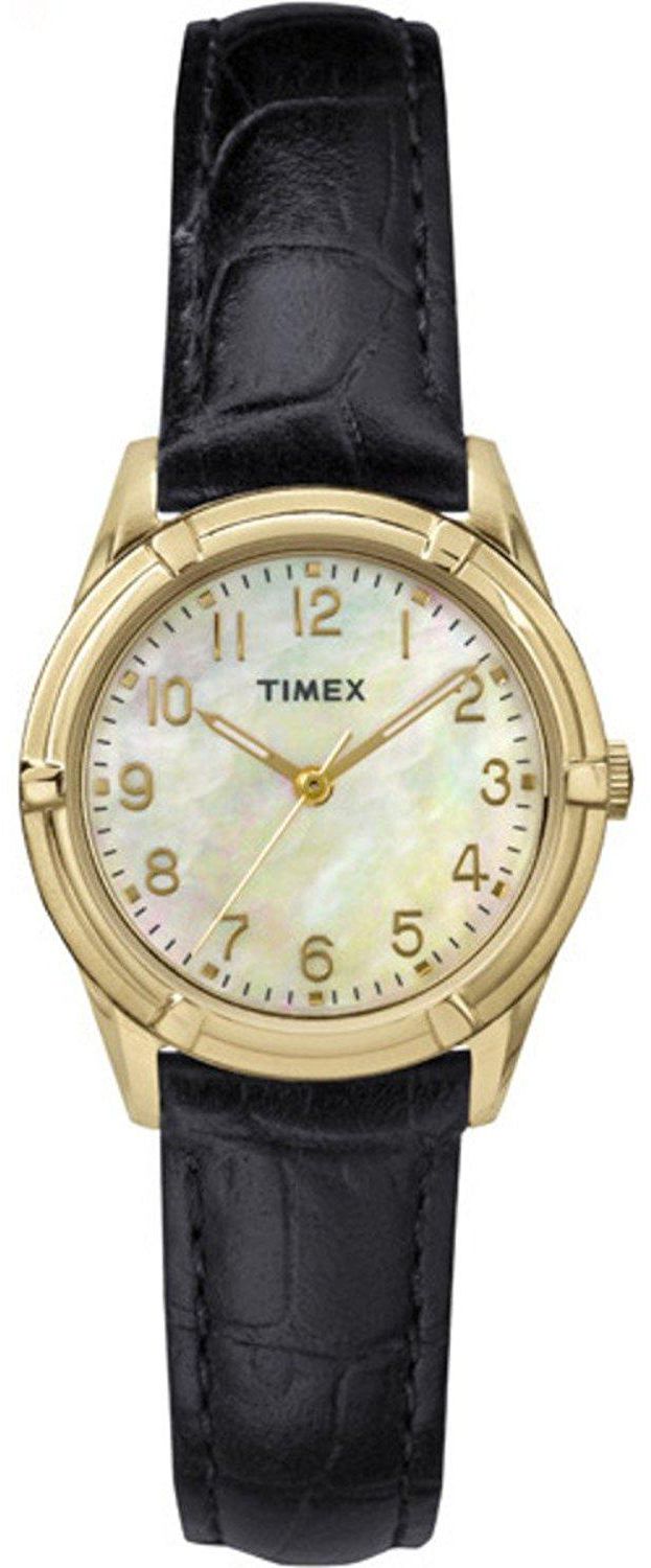 Timex Women's Main Street pearl dial black leather  watch
