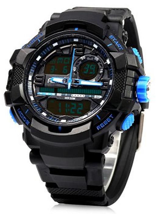 ALIKE AK15118 LED Dual Movt 50M Water Resistance EL Light Men's Sports Watch Stopwatch Alarm Date Day Display Blue