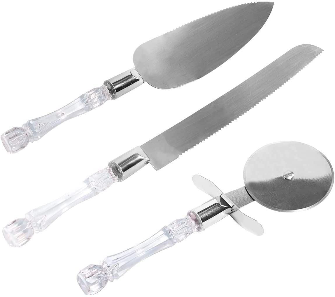 Cake Knife and Server Set, Cake Serving Set, Stainlesss Steel Cake Cutting Server Set, Cake Pie Pastry Servers Serving Spatula with Pizza Cutter Wheel, Crystal Handle