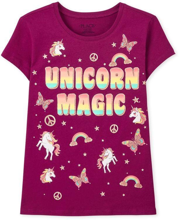 The Children's Place Girls Unicorn Magic Glitters Graphic Top- Magenta