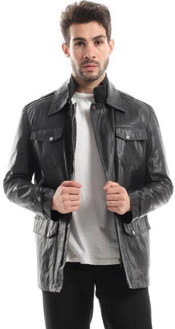 Dockland Casual Leather Jacket With Front Pockets - Black