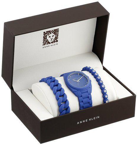 Anne Klein Women Swarovski Crystal Accented Cobalt Blue Silicone Bracelet Watch Set