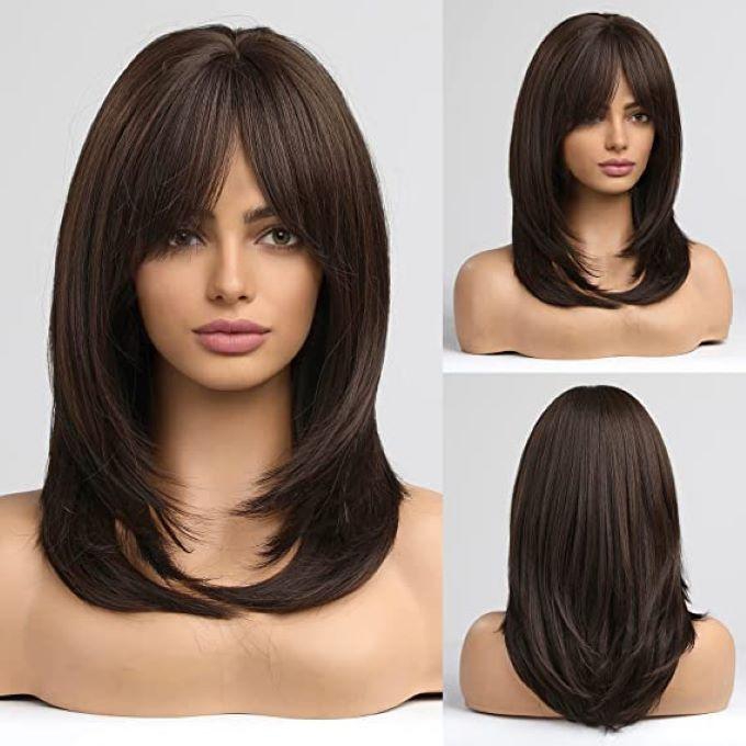 Dark Brown Wigs For Women,HAIRCUBE Shoulder-Length Layered Wigs For Women