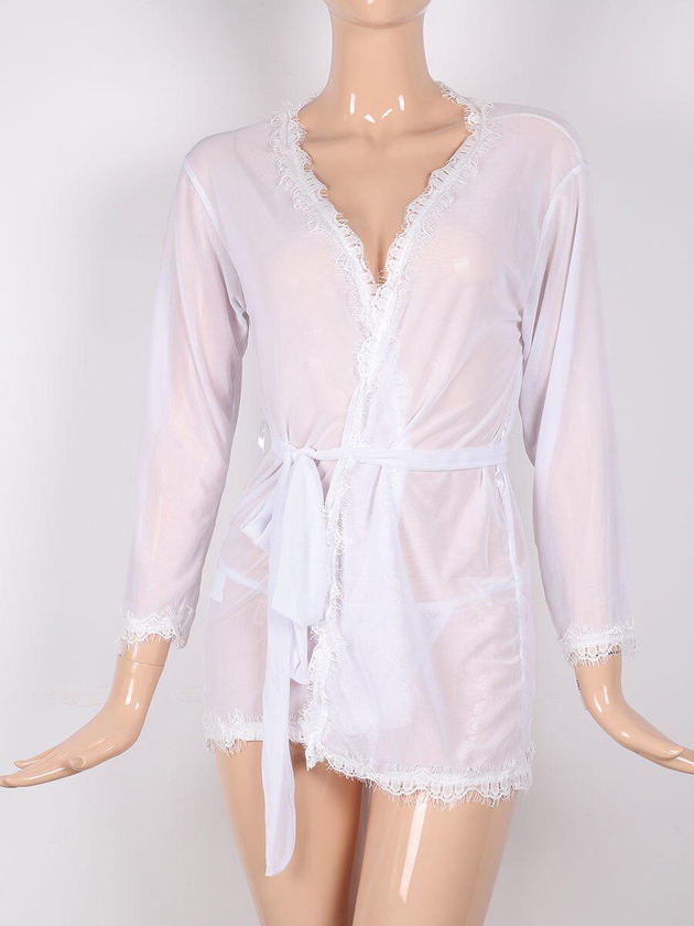 Lingerie Bathrobe Eyelash Lace Kimono Pajamas High-grade Strappy Nightdress Set