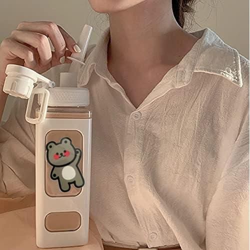 Kawaii Bear Water Bottle with Straw and Sticker, Large Sport Plastic Portable Square Drinking Bottle for Girl, Cute Juice Tea Water Cups