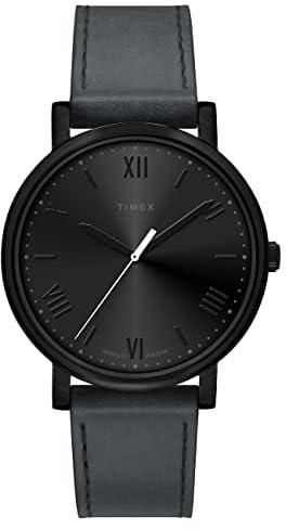 Timex Women's Originals 42mm Watch – Black Case & Dial with Dark Gray Genuine Leather Strap, Dark Gray/Black