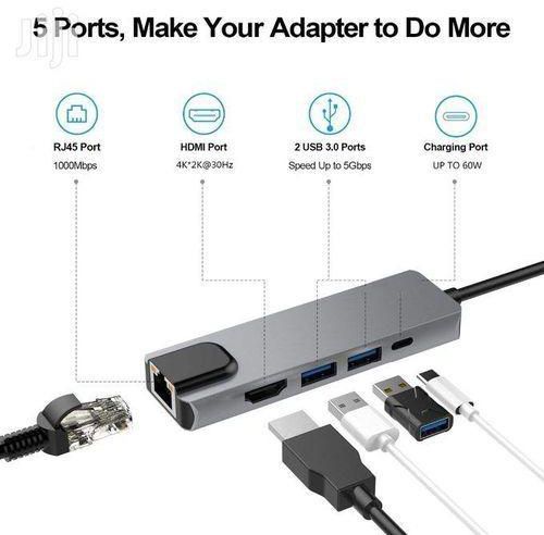 Generic 5 In 1 Type-C Expansion Hub USB C To HDMI+LAN+TYPE C+ 2*USB 3.0 Adapter