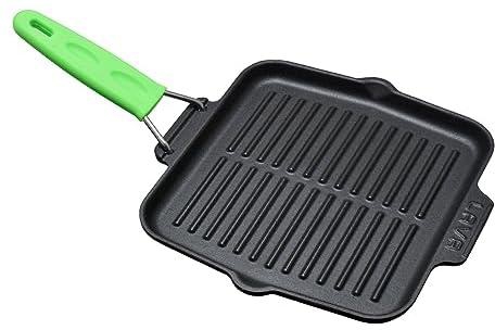 Lava LV ECO GT 2130 T20 G Cast Iron Griddle Grill Pan With Lava Wire and Silicone Handle, Rectangle, 21x30 cm - Green