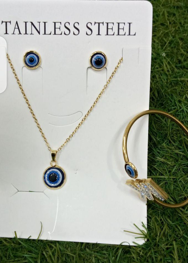 A Jewelry Set- Gold Necklace & Earrings And Pendant With Blue Eye Design , Bangle