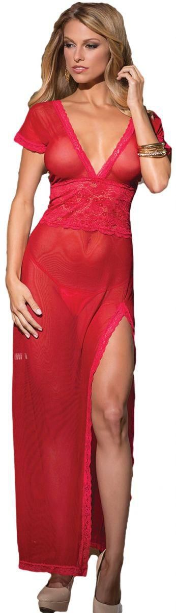 Red Mesh And Lace V Neck Lingerie Gown