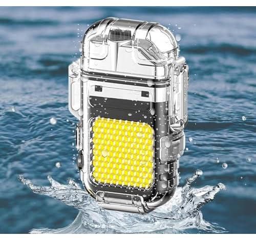 Electric Lighter Transparent Double Arc Multifunctional USB Type C Rechargeable Waterproof Windproof Dustproof Lighter with LED Light for Camping Outdoor Survival Tool (Black)