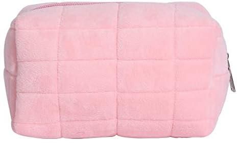 Plush makeup bag cosmetic bag for women,zipper large solid color travel toiletry bag travel make up toiletry bag washing pouch (Pink)