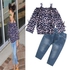 Fashion 2PCS GIRL CLOTHING SET FLORAL TOP + GIRLS JEANS TROUSER KIDS OUTFITS-BLUE