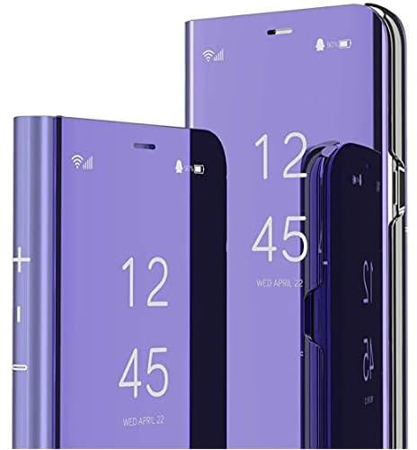 ISADENSER Compatible with Samsung Galaxy S21 FE Case Clear View Flip Plating Mirror Makeup Glitter Slim Shockproof Full 360 Body Protective Mirror Case for Samsung Galaxy S21 FE 5G 2021 Mirror Purple